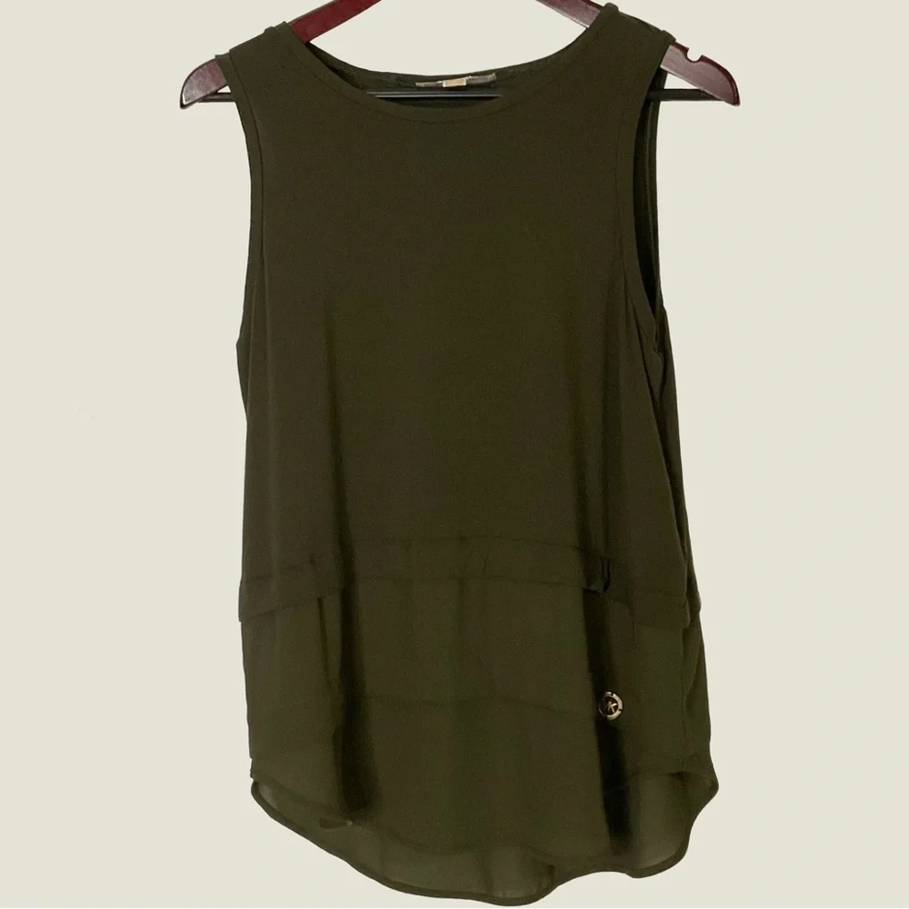 Michael Kors Army Green Sheer Layered Panels; Logo Emblem Tank Top; Size Medium